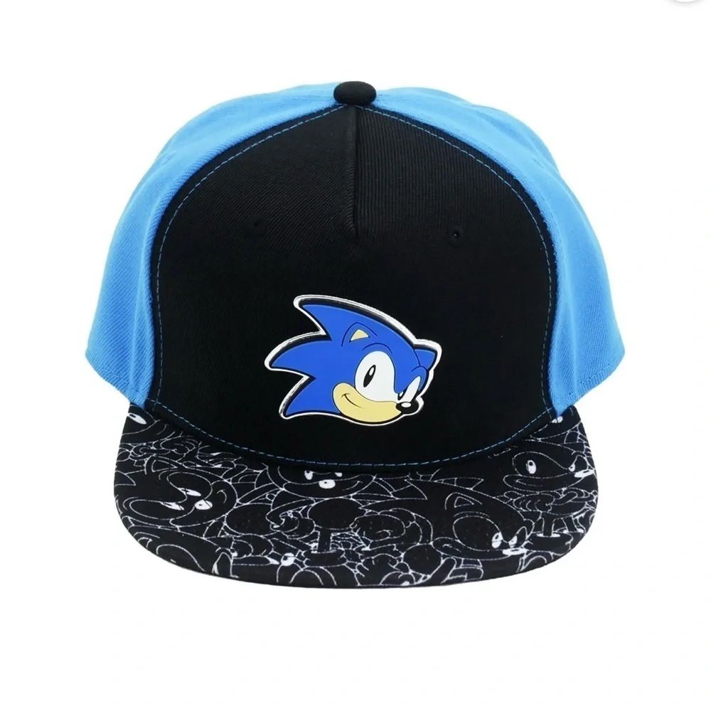 Sonic the Hedgehog Baseball Cap, Adjustable Snapback Hat with Flat Brim, Black